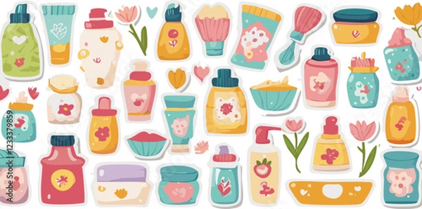 Fototapeta Cosmetic products stickers set. Woman skincare and hygiene scrapbooking collection. Shampoo, sheet mask, spf spray, serum, brush and other beauty elements. Modern cartoon concept