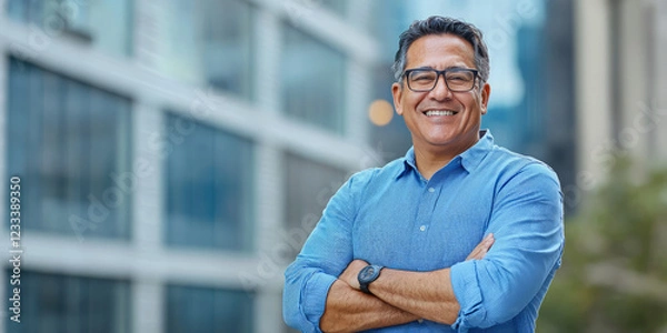 Fototapeta Portrait of a happy Hispanic man in a blue shirt and glasses, standing with his arms crossed against a blurred office building, generative AI