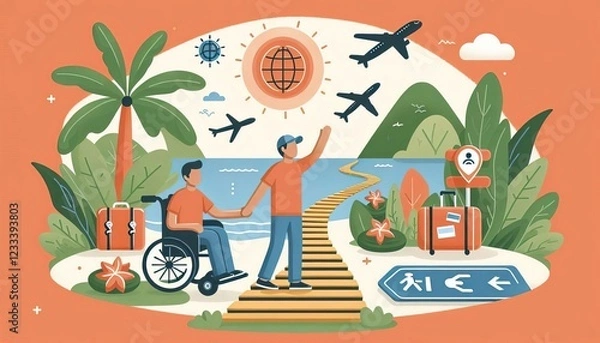 Fototapeta Travel planner creating accessible pathways for wheelchair user enjoying summer vacation