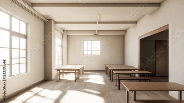Fototapeta Bright and spacious classroom interior with wooden tables and natural light streaming in