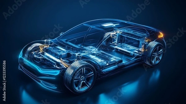 Fototapeta Blueprint of a Modern Electric Car: Unveiling the Internal Mechanics