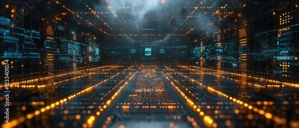 Obraz A futuristic digital environment with glowing circuitry and data patterns.