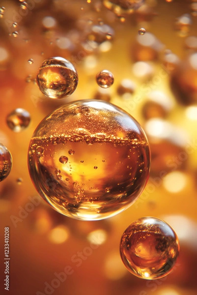 Fototapeta A realistic close-up view shows small, amber-colored spheres suspended in the air with tiny bubbles and tendrils around them on an abstract background. The orange shades create a warm atmosphere. 
