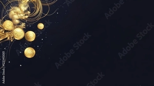 Obraz Golden Cryptocurrency Coins Falling on Dark Background