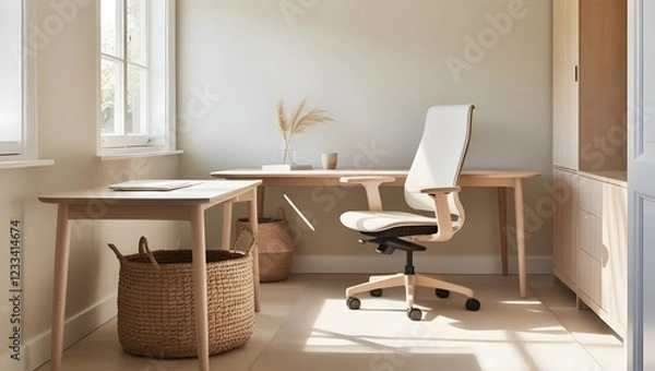 Fototapeta Modern Office with Natural Wood Desk and Comfortable Ergonomic Chair