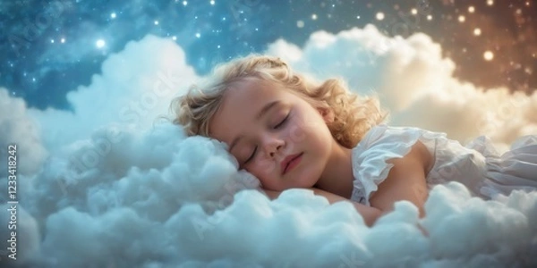 Fototapeta Young girl in white dress sleeping on fluffy cloud against twinkling night sky, creating a dreamy, peaceful mood.