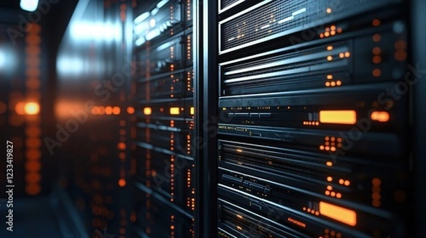 Fototapeta Modern Server Room Technology Illuminated Network Data Center