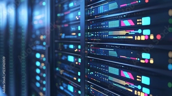 Fototapeta Illuminated Server Racks Modern Data Center Technology Blue Neon Lights