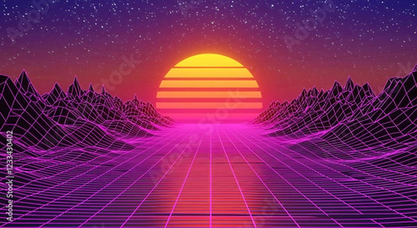 Fototapeta Synthwave Sunset Landscape background