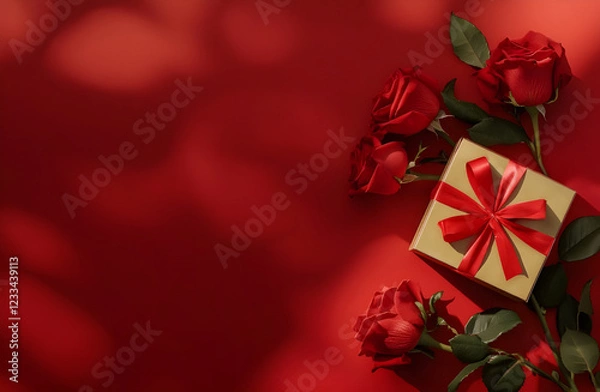 Fototapeta gift box with ribbon and rose on red background.for Valentine's Day.Valentines elements, with copy space.