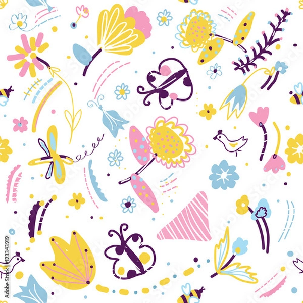 Fototapeta Floral seamless pattern with insects and birds
