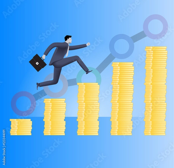 Fototapeta On the way to success business concept. Confident businessman in business suit with case in his hand runs up the piles of gold coins. Concept of success, investment, profitable business.