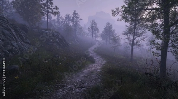 Fototapeta Misty mountain path through forest.