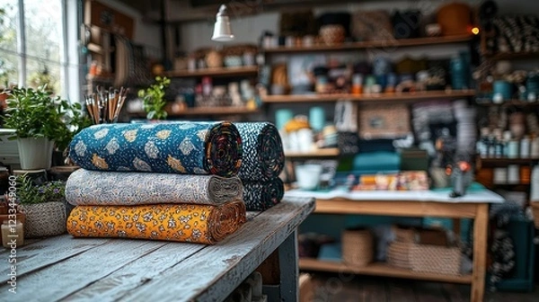 Fototapeta Rolled fabrics on workshop table, shelves of supplies in background, crafting space