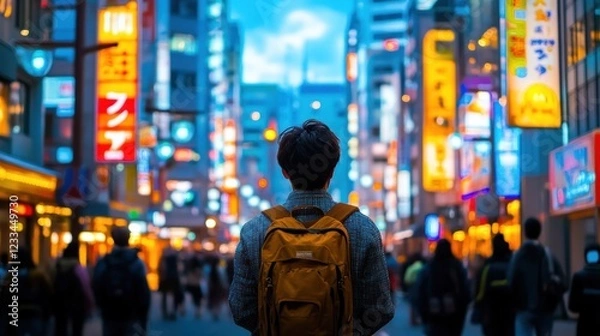 Fototapeta Lost in the vibrant neon lights of Tokyo's bustling streets, a lone traveler with a backpack gazes at the captivating cityscape.