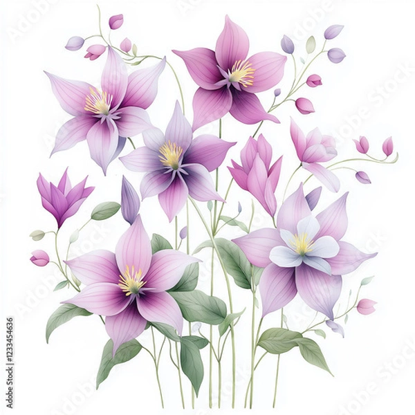 Fototapeta Watercolor botanical illustration of columbine, dense arrangement, high resolution on white background