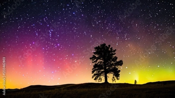 Obraz Lone pine tree silhouetted against a vibrant aurora borealis in a serene landscape, showcasing the natural beauty and tranquility of the northern lights in a breathtaking night sky