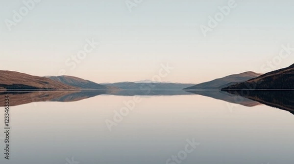Fototapeta Calm Lake Reflection at Dusk Surrounded by Gentle Hills and Clear Sky