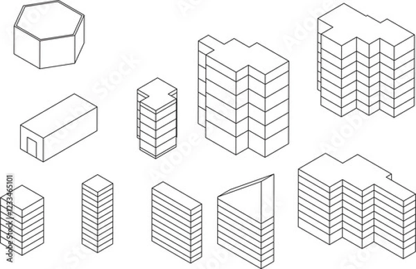 Obraz A set of simple isometric high-rise building structure line drawings.