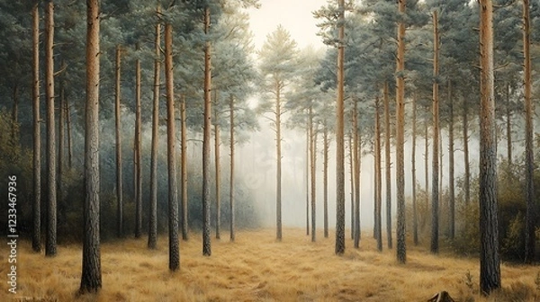 Fototapeta A serene forest scene with tall trees and a misty atmosphere, creating a peaceful ambiance.