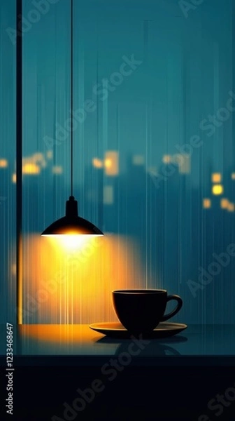 Fototapeta Coffee Cup Under Soft Yellow Light in Tranquil Evening Setting with City View
