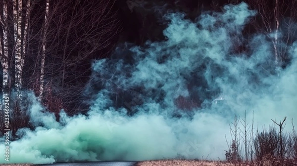 Fototapeta Eerie Green Smoke Fog  Mysterious Forest Background