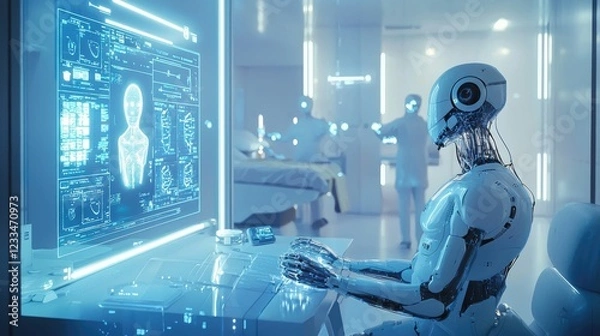 Fototapeta Futuristic Medical Robot Analyzing Patient Data