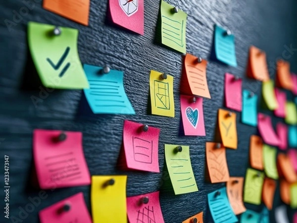 Fototapeta Colorful Sticky Notes Displayed on a Wall Representing Organized Thoughts and Ideas