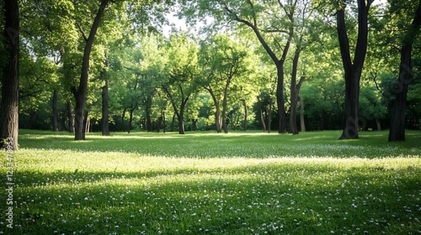 Fototapeta A serene park scene with lush green trees and a meadow of white flowers.