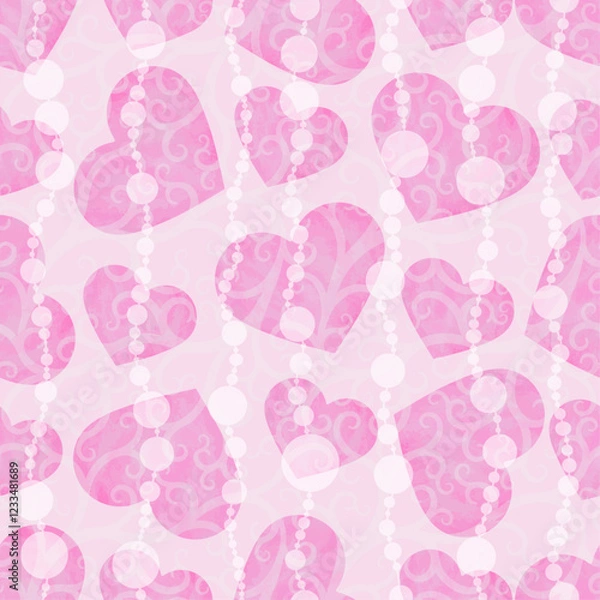 Fototapeta Vector seamless gentle valentines pattern with pink watercolor hearts and balls.  For textiles, wallpaper and packaging.