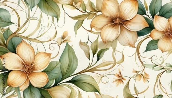 Fototapeta Vibrant, Dreamy Watercolor Floral Abstraction Showcasing Lush Beige Blossoms and Verdant Green Vines Amidst an Ethereal Scene, Perfect for Art Lovers Seeking Serenity and Inspiration.