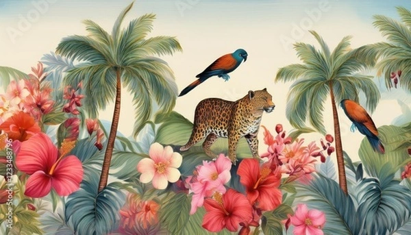 Fototapeta Exotic Tropical Oasis Seamless Border of Oleander and Hibiscus Flowers Amidst Palm Trees, Thriving with Colourful Birds and Playful Leopards, Wi at