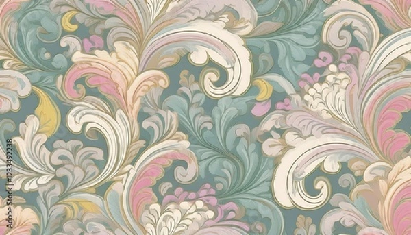 Fototapeta Gentle Pastel Damask Wallpaper A Delicate Blend of Soft Colors and Intricate Patterns on a Seamless Background, Ideal for Digital Art, Home Decor, or Design Inspiration.
