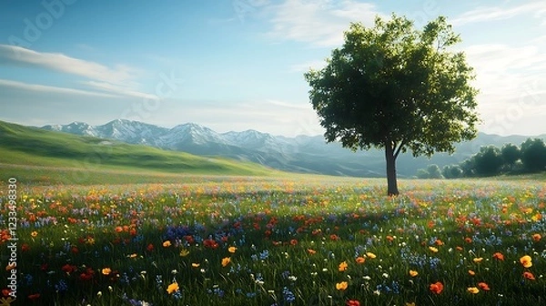 Fototapeta A serene landscape featuring a vibrant flower field and a solitary tree against mountains.