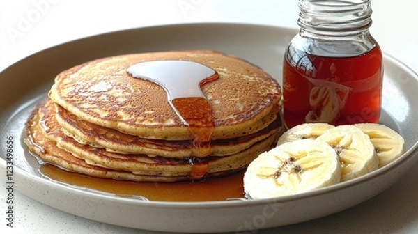 Fototapeta Stack of golden pancakes drizzled with syrup, served with banana slices on a plate