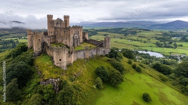 Fototapeta A medieval castle on a hilltop, with stone walls and turrets overlooking a green valley