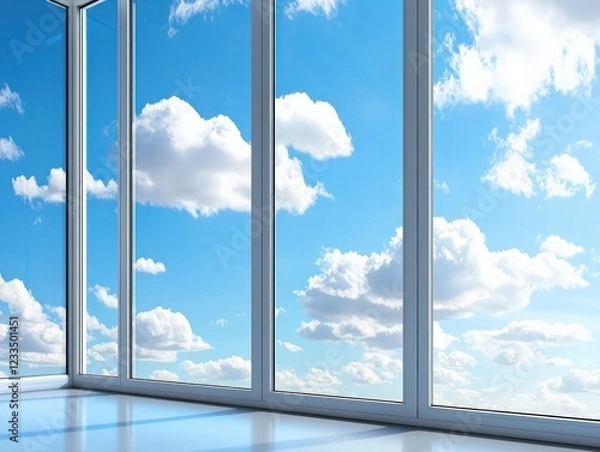 Fototapeta Modern Interior View Through Large Windows Featuring Blue Sky and Fluffy White Clouds