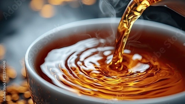 Obraz Steaming tea being poured into a cup, surrounded by warm, glowing bokeh lights
