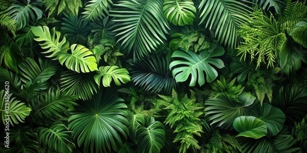 Fototapeta Lush tropical foliage, dense jungle canopy, vibrant green monstera leaves, philodendron plants, exotic rainforest flora, dark mysterious undergrowth, botanical paradise, natural texture, jungle panora