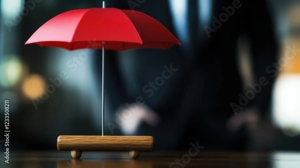 Fototapeta Red Umbrella on a Wooden Base in Front of a Businessman in a Formal Setting