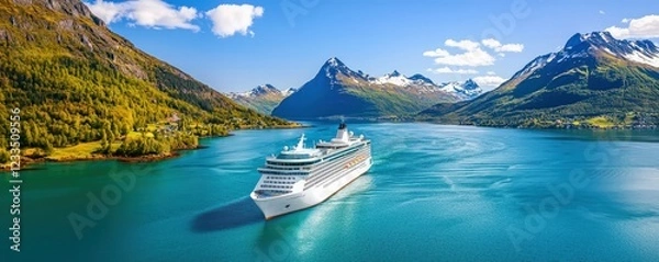 Fototapeta Scenic View of a Cruise Ship Sailing Through Tranquil Waters Surrounded by Majestic Mountains