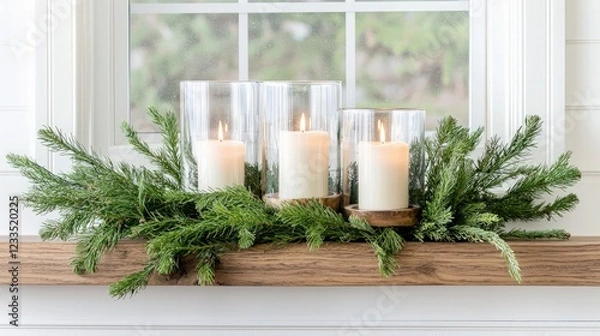 Fototapeta Tranquil Arrangement of Lit Candles Surrounded by Greenery on Window Sill