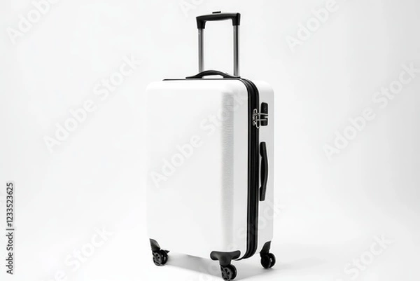 Fototapeta White hard-shell suitcase with black accents, wheels, and handle, isolated on white background.