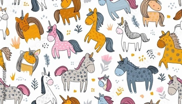 Fototapeta Vibrant, whimsical seamless pattern showcasing enchanting handdrawn animals against a lively, childlike backdrop featuring horses, unicorns, and giraffes.