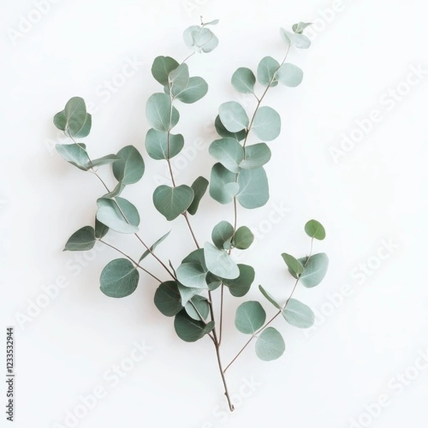 Fototapeta Flatlay of eucalyptus branches with round leaves on white background.