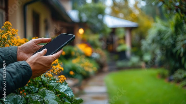 Fototapeta A person holds a smartphone in a lush garden filled with vibrant flowers, creating a serene and connected outdoor atmosphere.