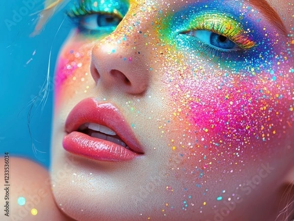 Fototapeta Woman with colorful makeup and glitter on her face in artistic portrait setting