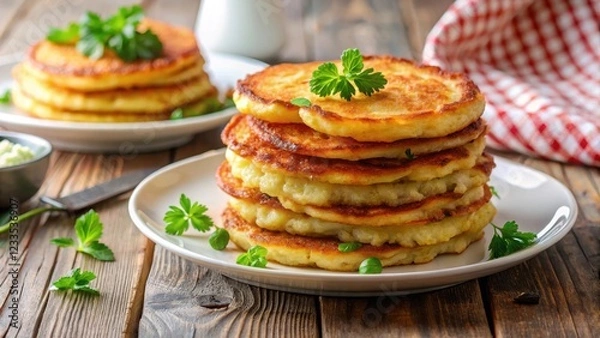 Fototapeta Traditional Polish potato pancakes arranged in a stack on a plate are crispy on the outside and fluffy on the inside, served as a side dish or light meal , traditional polish food, fried potatoes
