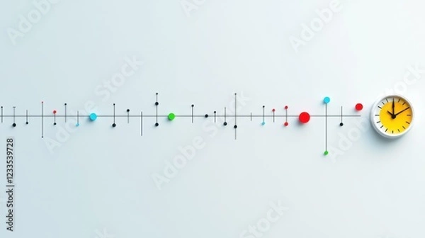 Fototapeta A timeline with a horizontal arrow pointing forward, dotted with milestones, on a clean white background. 