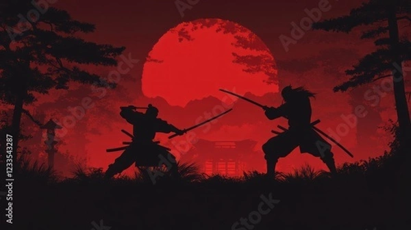 Obraz 2 samurai silhouette fighting, dark red background